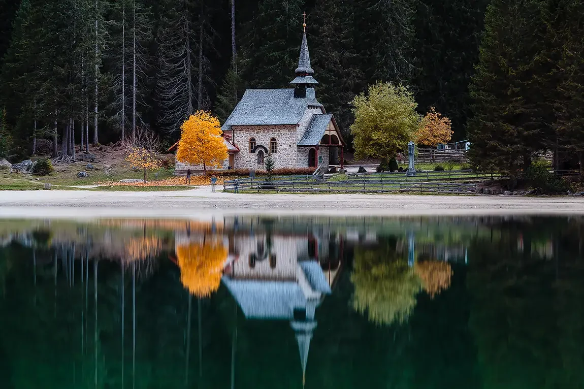 Lake braies reflections, dolomites, italy